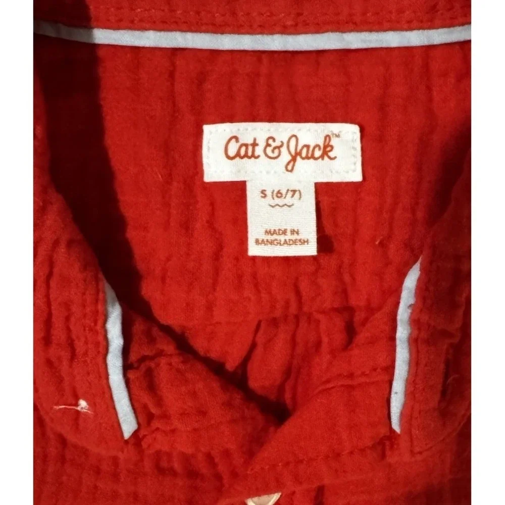 Cat & Jack Boys Small 6/7‎ Red Gauze Muslin Button Down Shirt NWT 100% Cotton